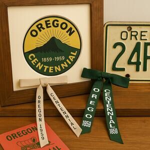 Vintage 1959 Oregon Centennial Ribbon Clip Ties Cream & Green Set